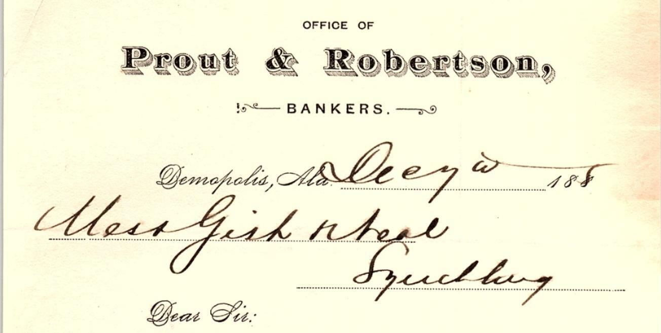 1885 DEMOPOLIS ALABAMA PROUT & ROBERTSON BANKERS RECEIPT R E GISH TOBACCO 43-8