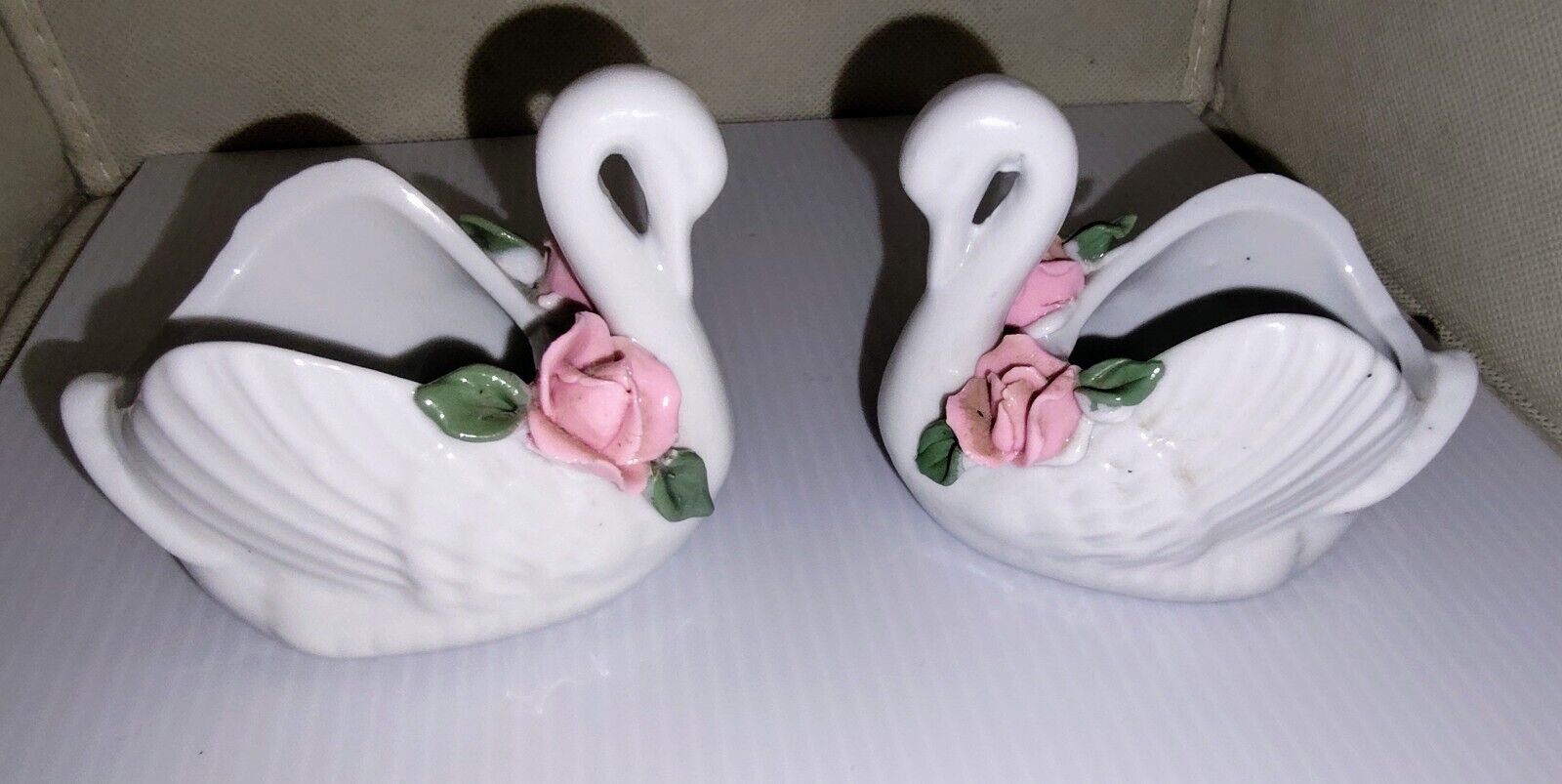 Vintage Lung's Swan Fine China w/Pink & White Rose Accents Dish Bowl/Trinket X2