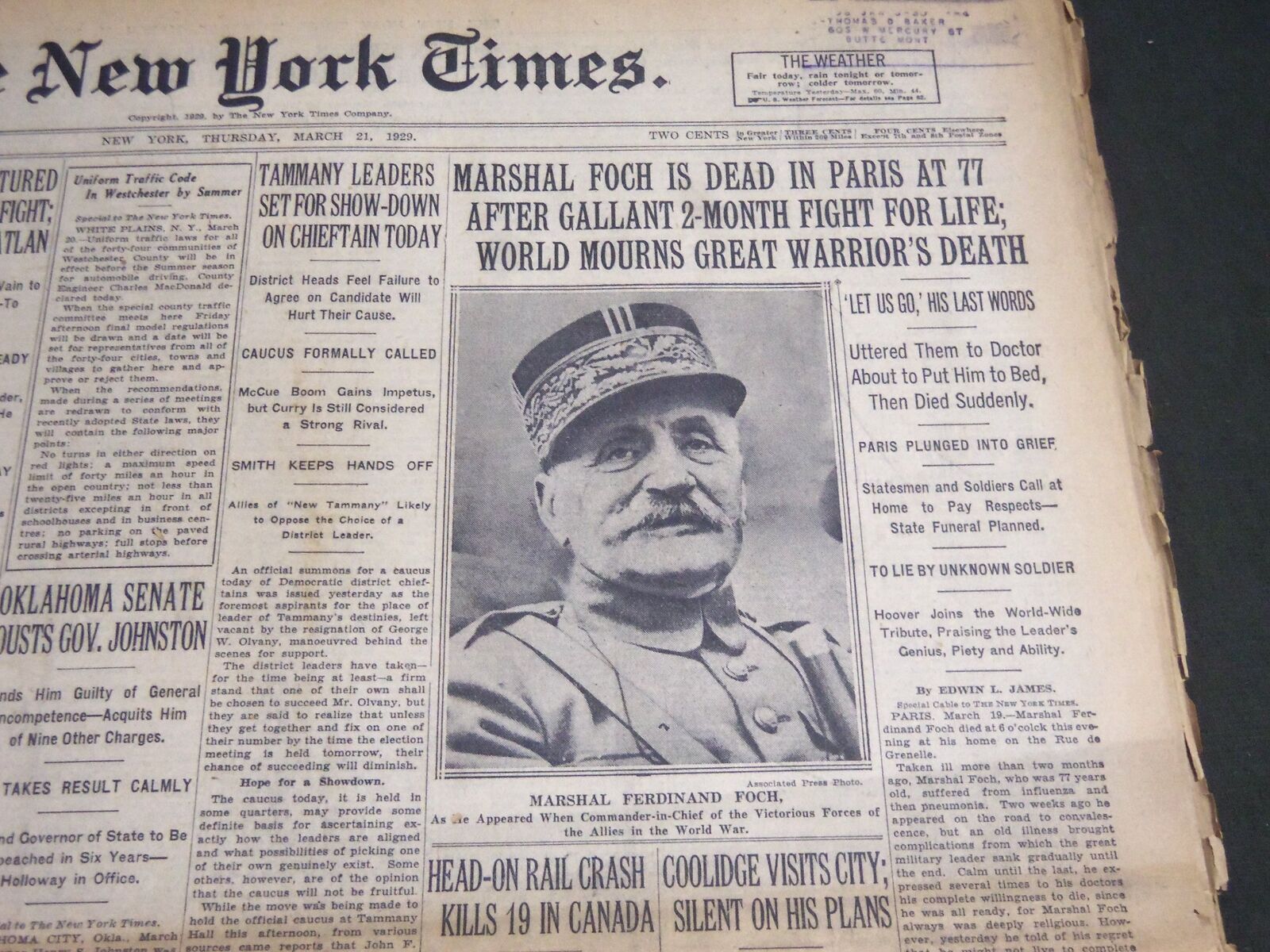 1929 MARCH 21 NEW YORK TIMES - MARSHALL FOCH IS DEAD IN PARIS AT 77 - NT 6914