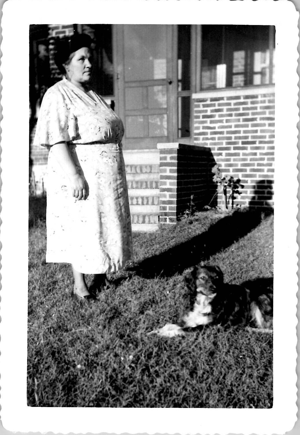 Fat Obese Woman Grandma with Dog Puppy Rural Farm Americana 1950s Vintage Photo