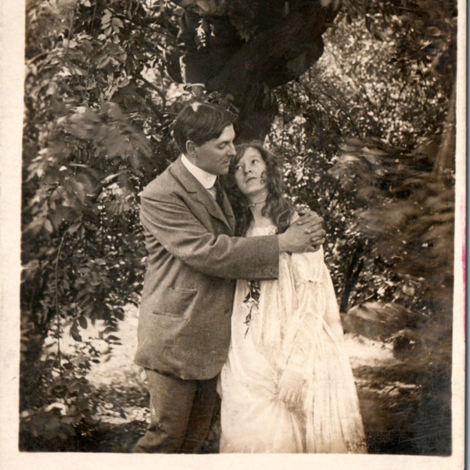 c1910s Man in Tree Spying on Cute Couple RPPC Creepy Romance PC Real Photo A134