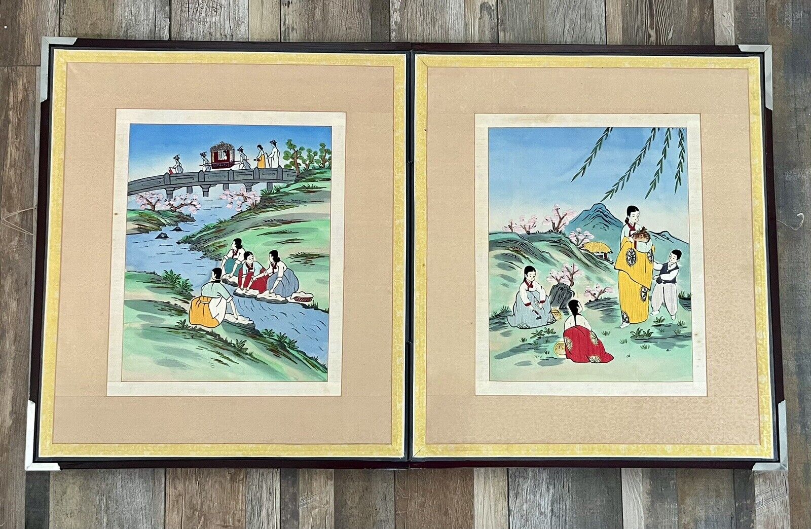 Vintage Framed Korean Silk Embroidery Double Bifold Wall Or Table Panel 38”x22”