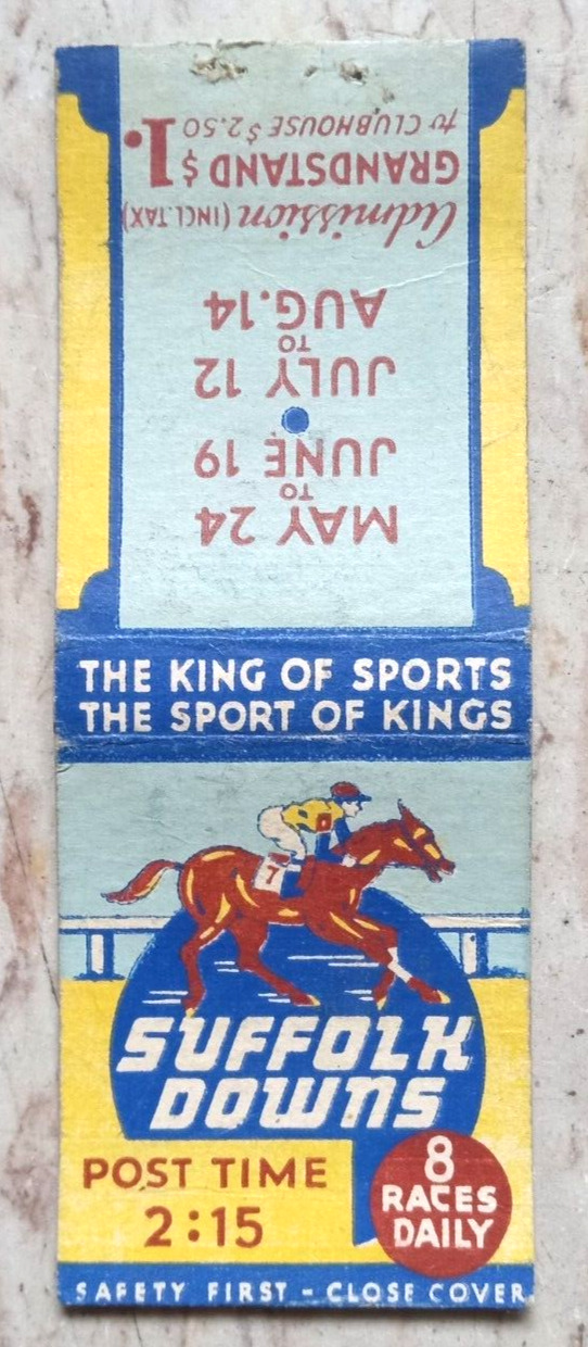 VINTAGE MATCHBOOK COVER SUFFOLK DOWNS THE KING OF SPORTS THE SPORT OF KINGS