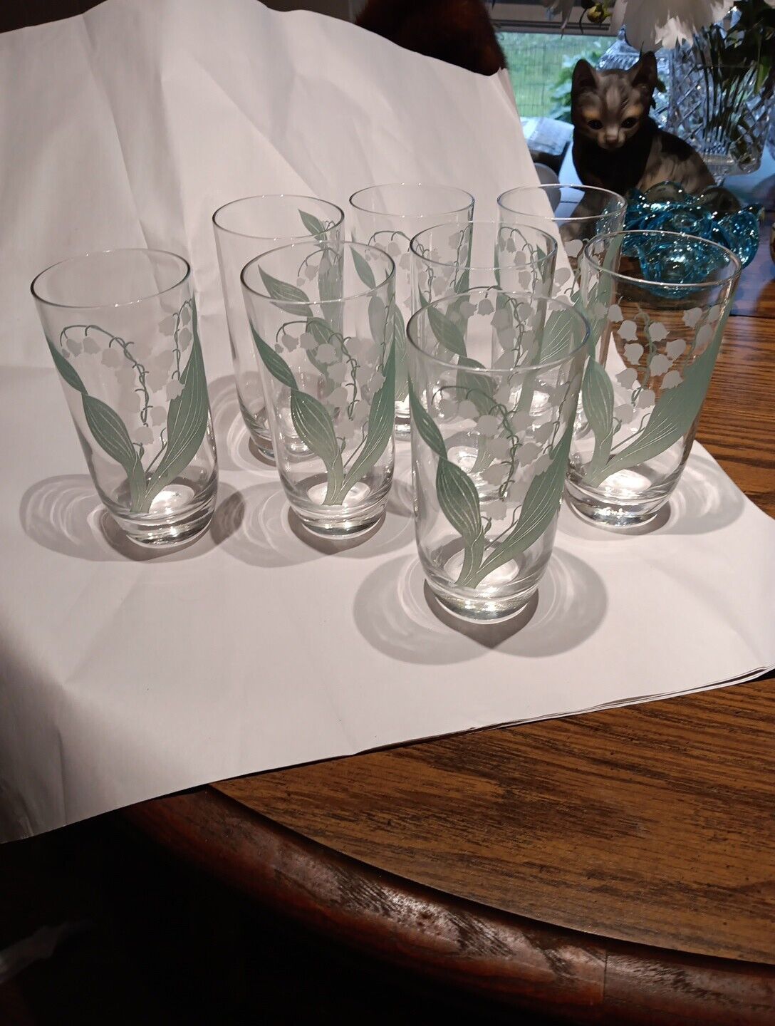 8 Vintage Lilly of the Valley Glass Tumblers,  Jadeite Green Leaves 12oz.