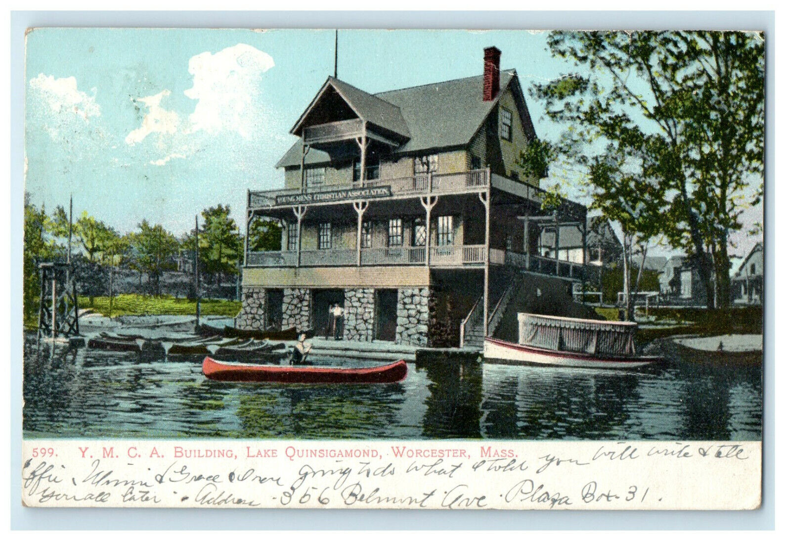 1909 YMCA Building, Lake Quinsigamond, Worcester Massachusetts MA Postcard