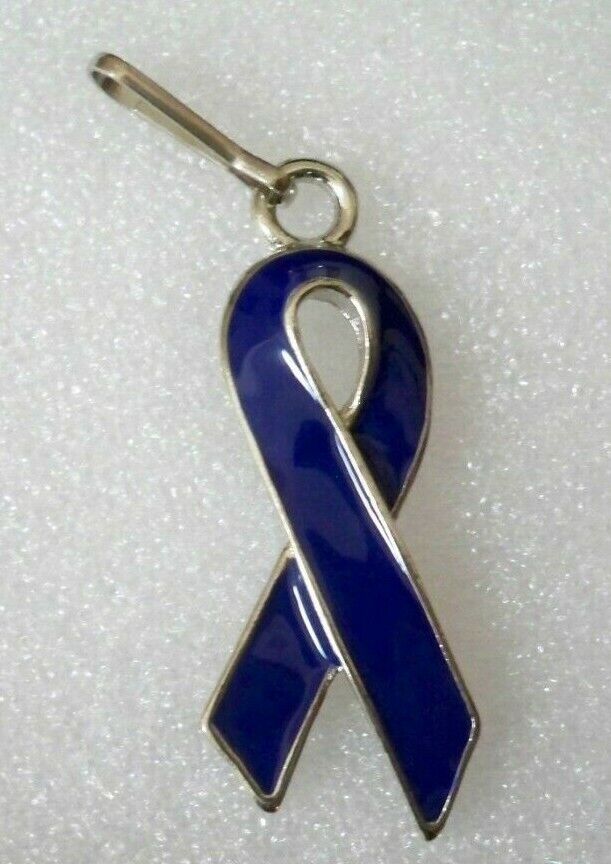 Colon Cancer Awareness dark blue ribbon zipper pull, silvertone ,USA made