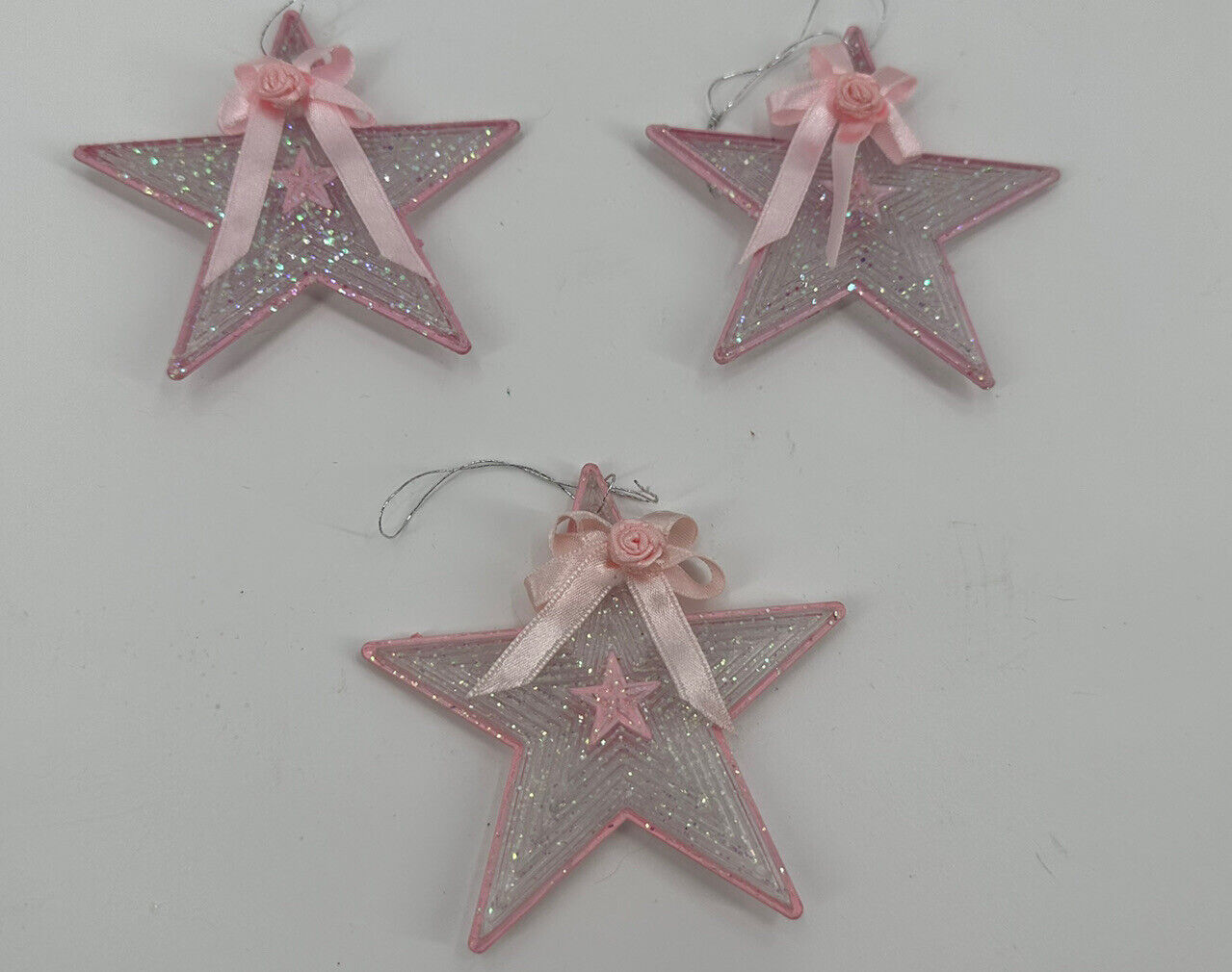 Star Christmas Ornaments (3) Pale Pink Glitter Satin Ribbon Rose Holiday 3.5\