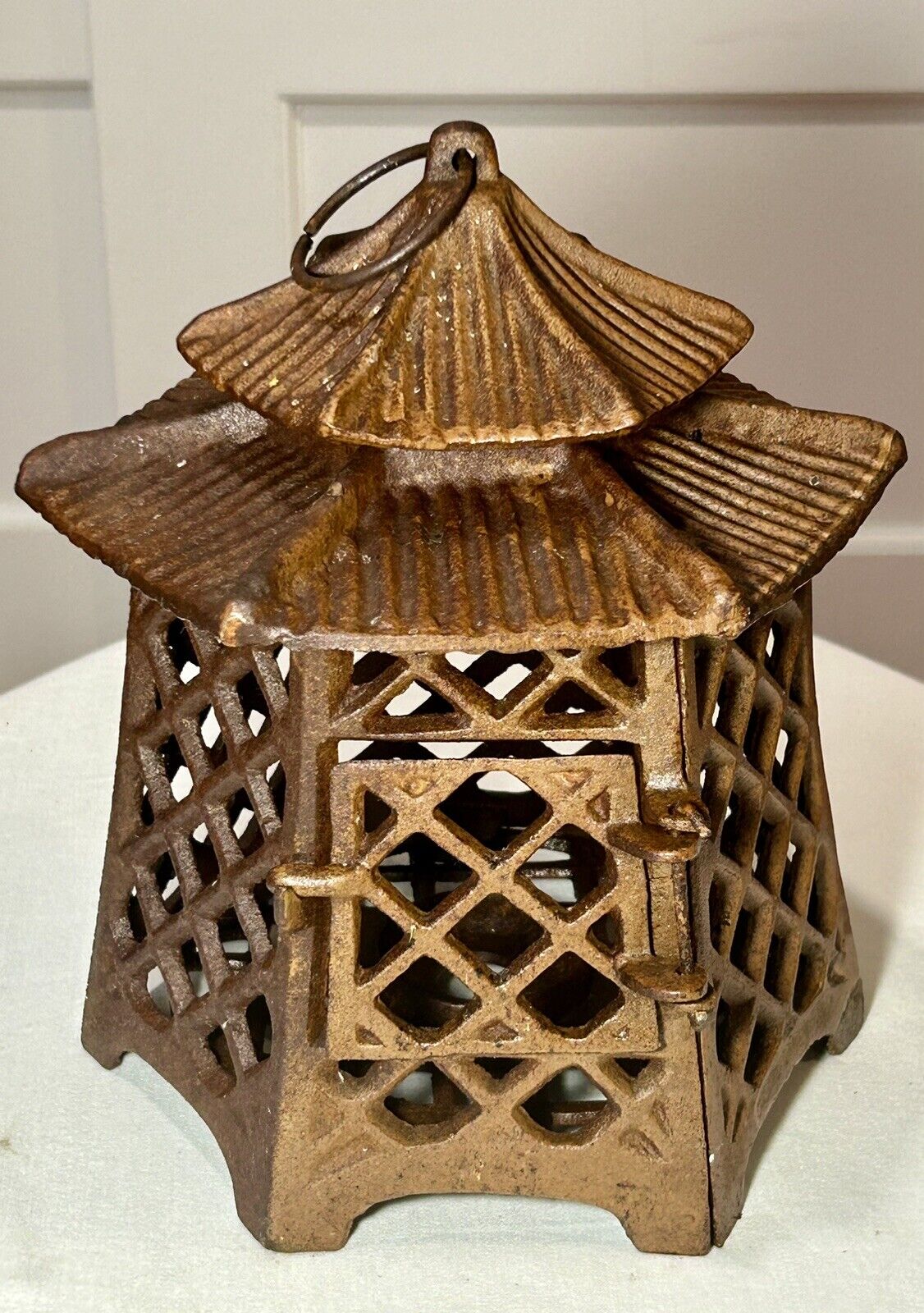 Antique Japanese Cast Iron GardenPagoda Candle Lantern~Double Roof~6 Sided