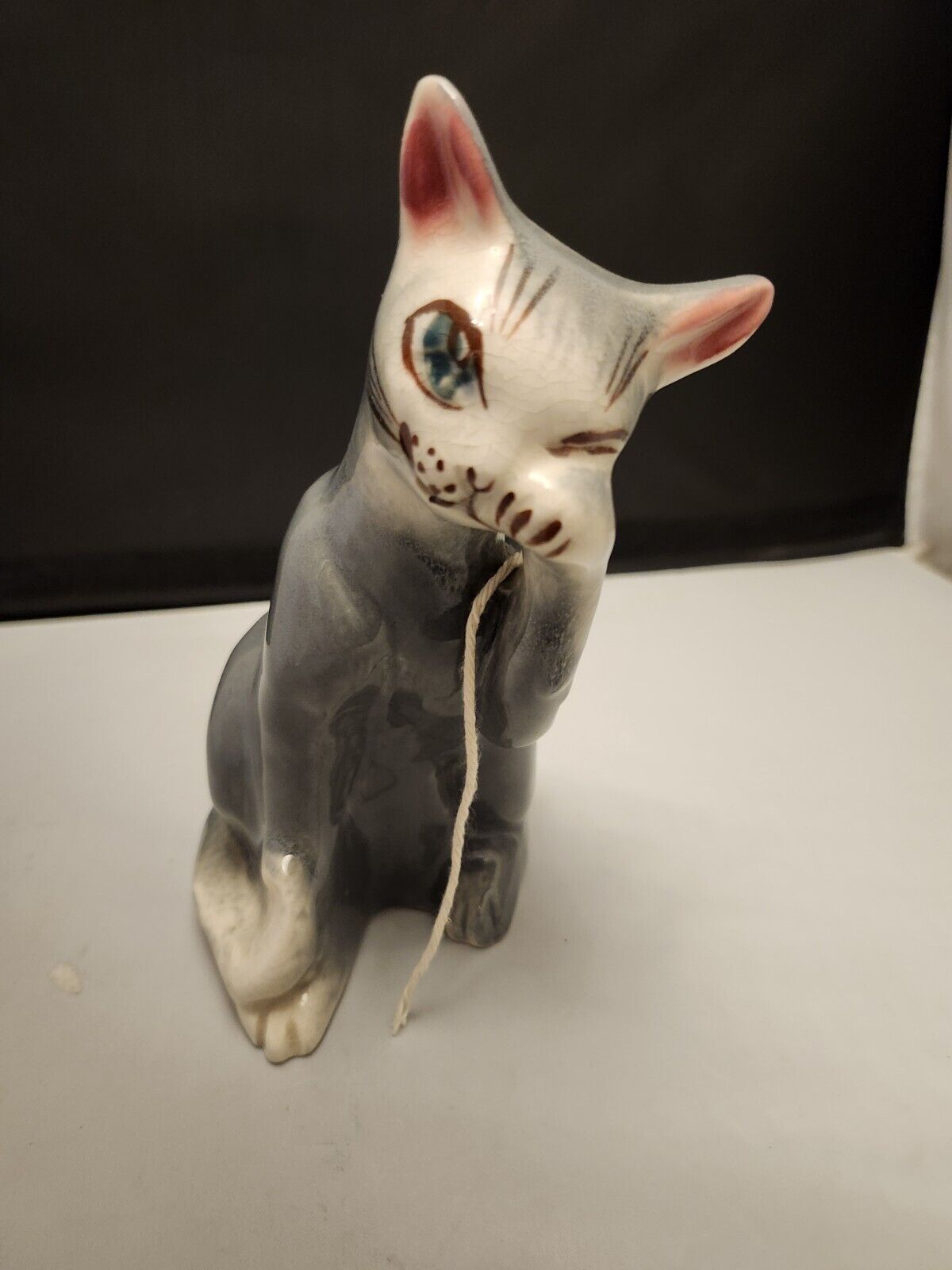 Rare Vintage Morton Pottery Cat Planter String Holder Grey Kitten 