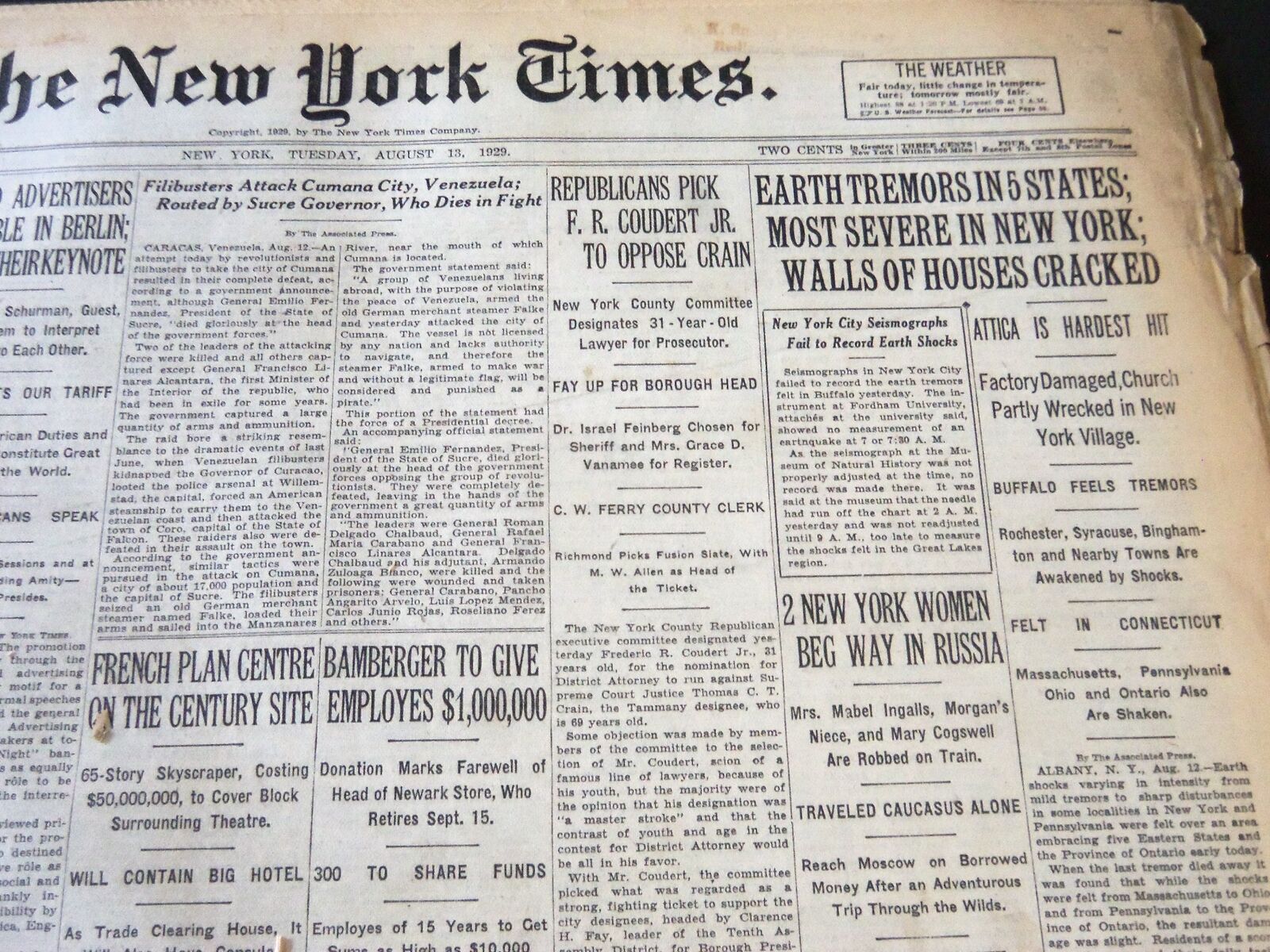 1929 AUG 13 NEW YORK TIMES - EARTH TREMORS 5 STATES MOST SEVERE IN NY - NT 6646