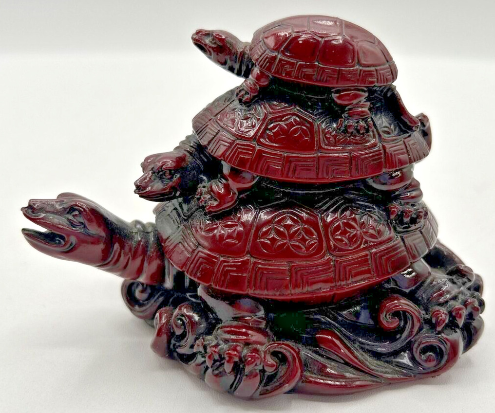 Vintage Chinese Red Lacquered 3 Generations of Stacked Turtles Figurine U194