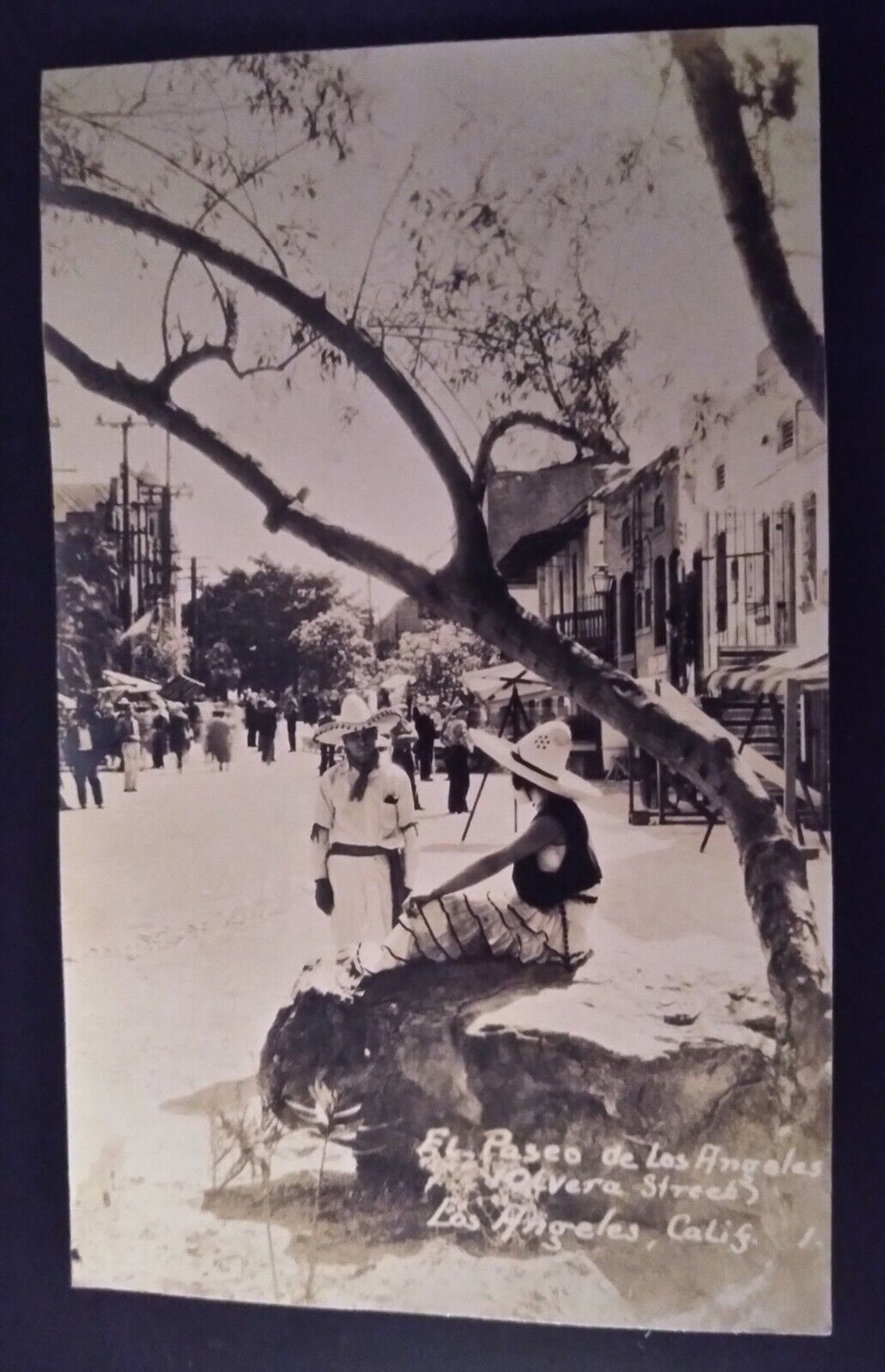  RPPC THE WALK LOS ANGELES CA  OLVERA ST 1918 SPANISH FLU WOMAN WITH FACE COVER.