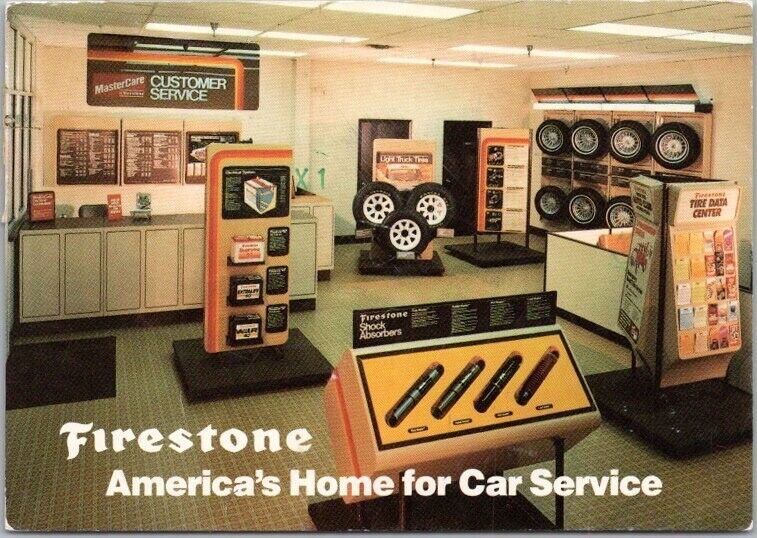 Vintage FIRESTONE TIRES Advertising Postcard Store View 1984 Minneapolis Cancel