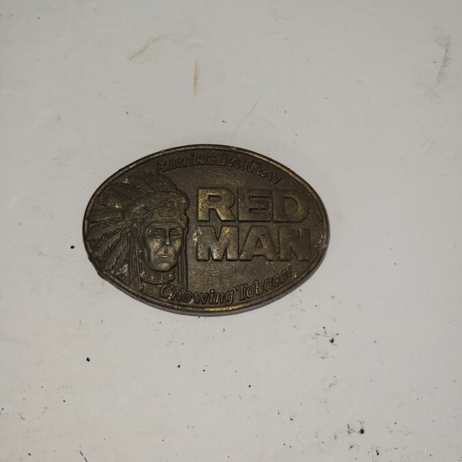Vintage Red Man Belt Buckle 1988 Chewing Tobacco Pinkerton Co. Brass Tobacciana