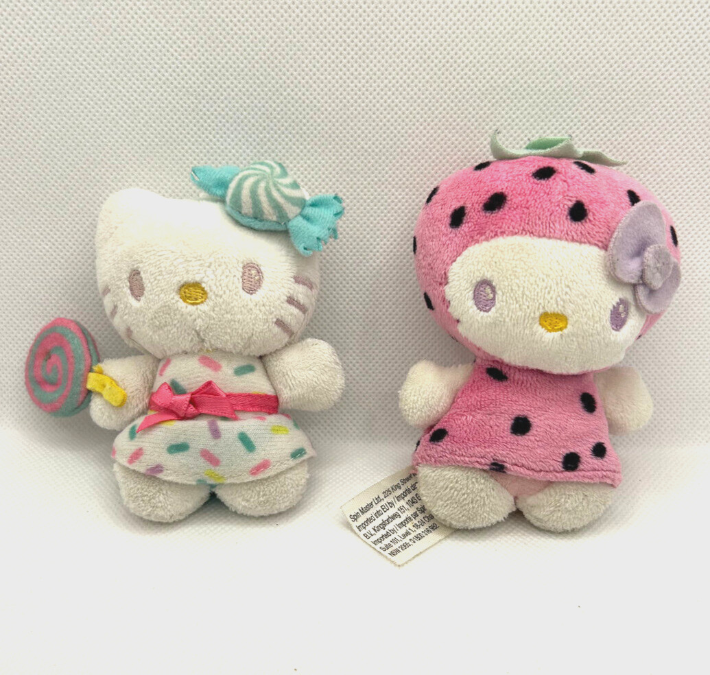 x2 Vintage Hello Kitty Plush Sanrio Small Stuffed Animals Strawberry, Lollipop