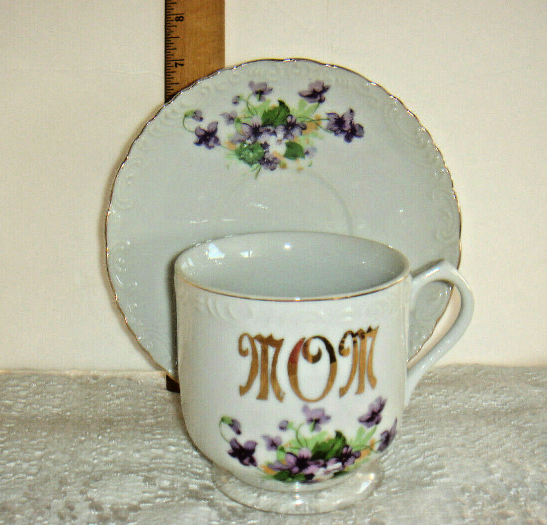 VTG Purple Feb Violets Gold Trim Porcelain Large Cup Saucer Mom Mother Day S