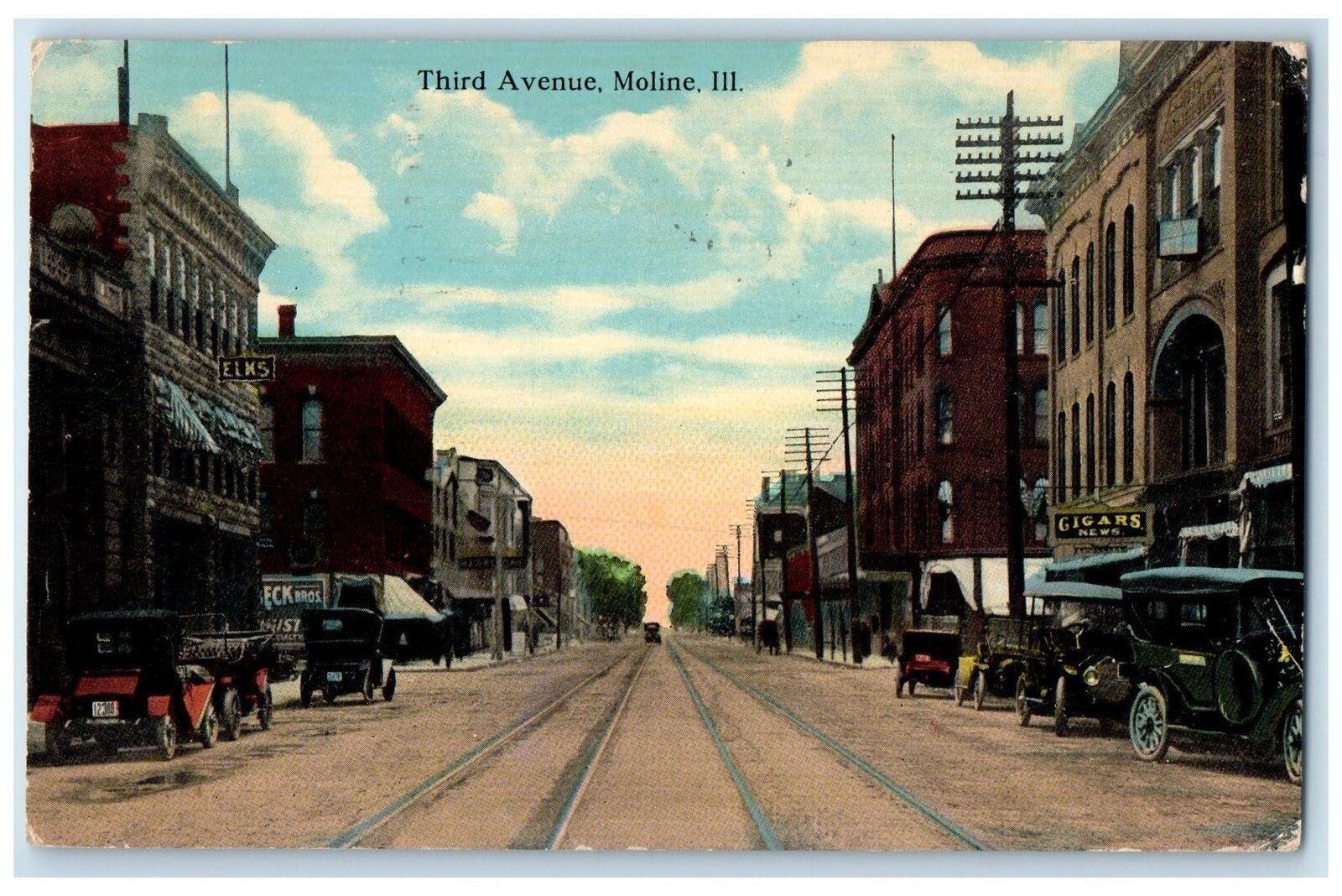 1916 Third Ave. Classic Cars Carriage Railway Building Moline Illinois Postcard
