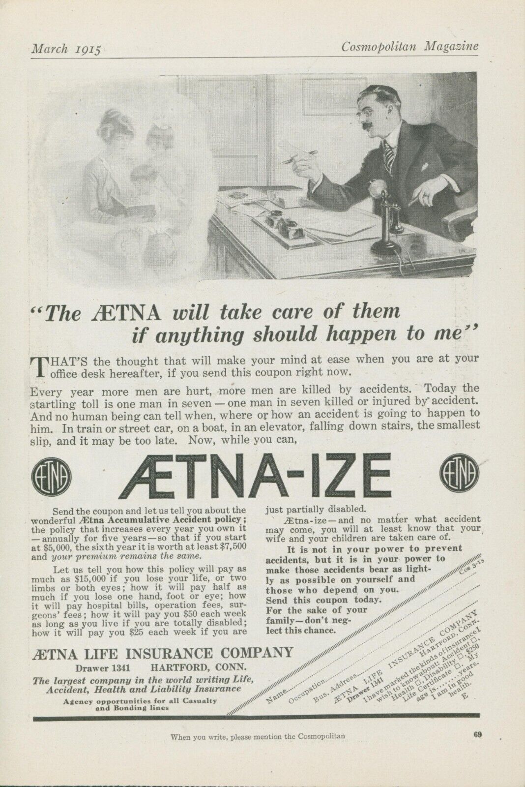 1915 Aetna Life Insurance Business Man Desk Phone Aetna-Ize Vtg Print Ad CO5