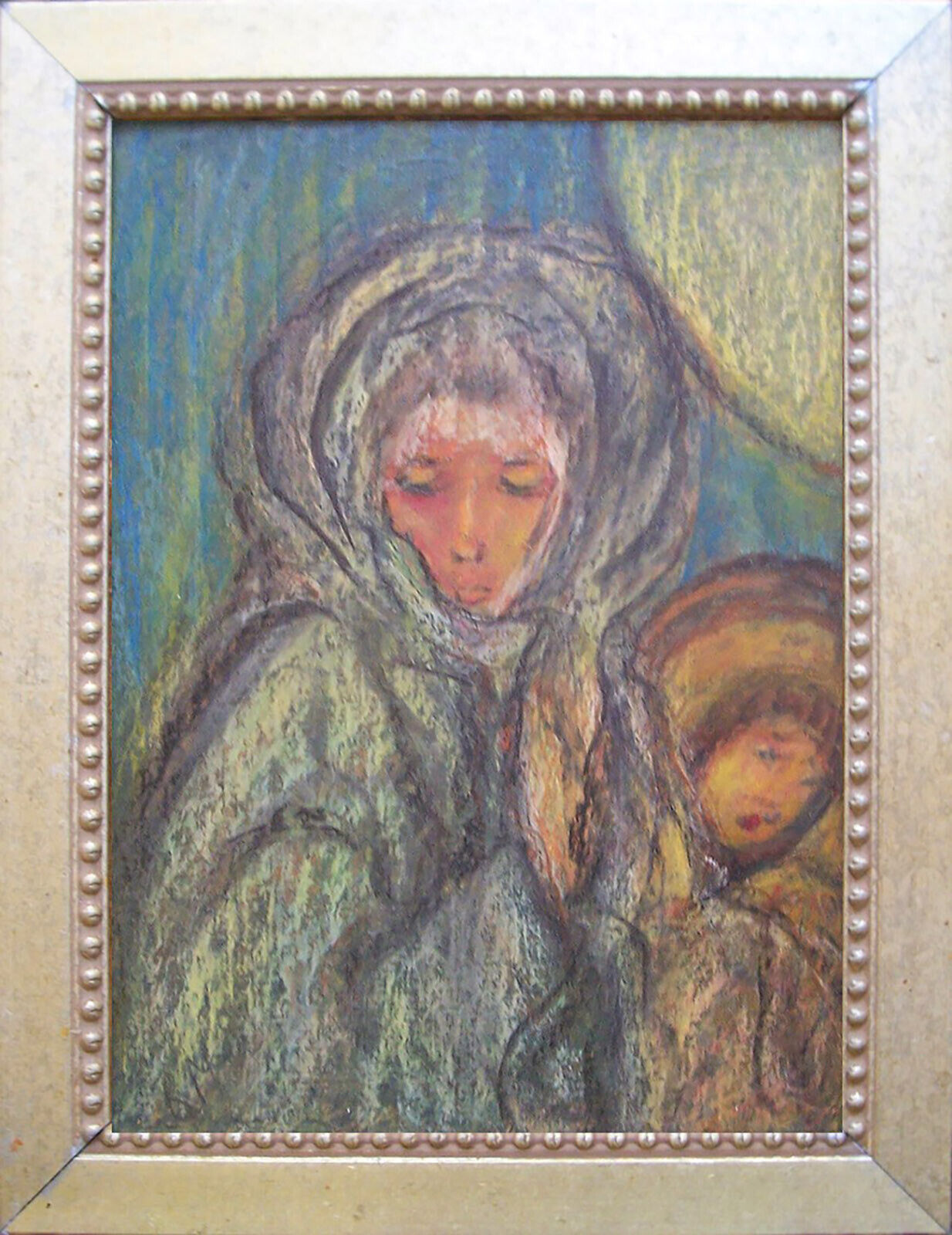 Framed Original Madonna & Child - LEAVING FOR EGYPT – Oil Pastel, Monogrammed