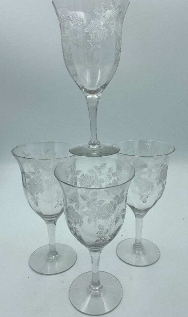 Vintage Wine Glasses Chrystal Etched Roses /set of 4