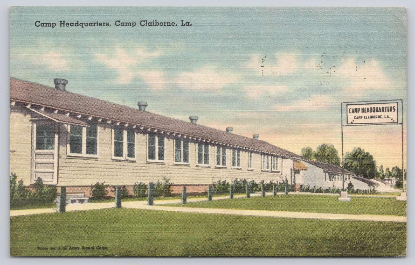 Postcard Camp Claiborne, Louisiana, Camp Headquarters, 1945, Linen A634