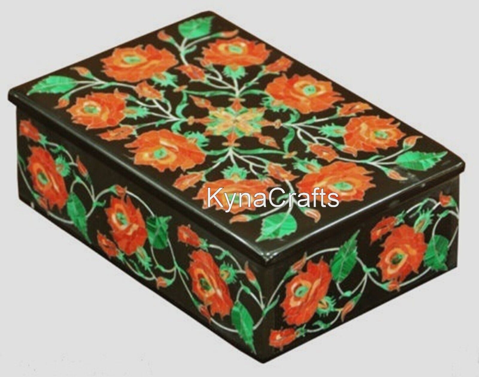 6 x 4 Inches Giftable Box Inlaid with Floral Pattern Black Marble Jewelry Box
