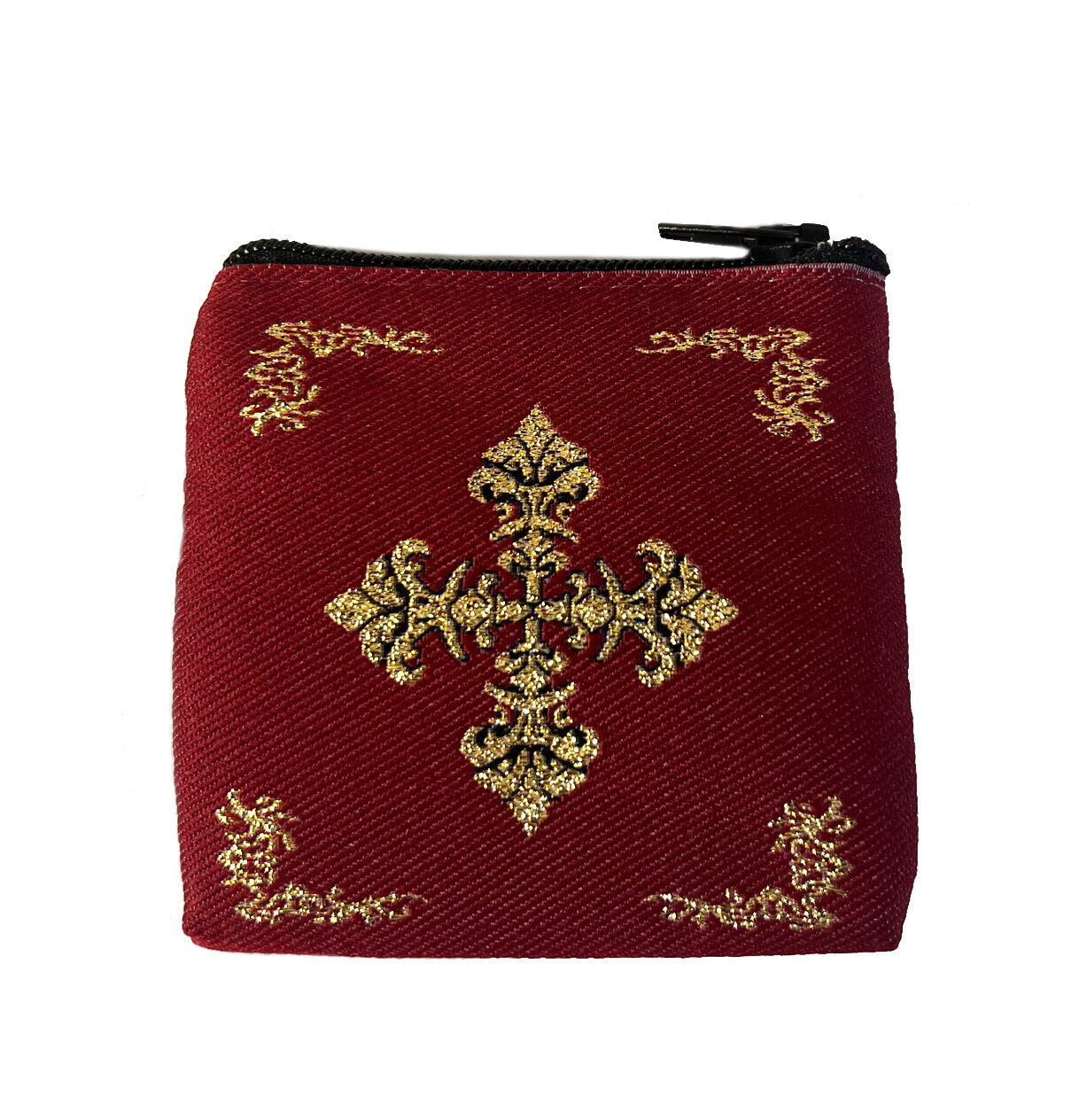 Rosary Pouch Jewelry SMALL Pouch With Cross Cloth Tapestry 2 Sided With Zipper