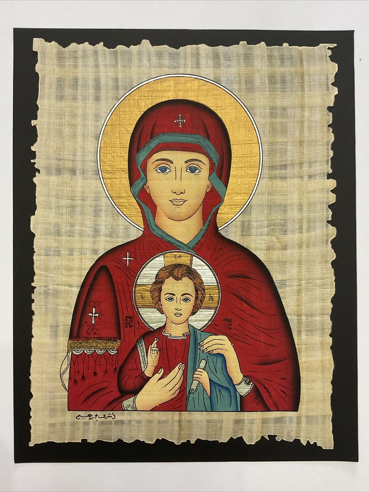 Rare Hand Painted Ancient Egyptian Papyrus - Virgin Mary Icon - 14 x 18 Inches