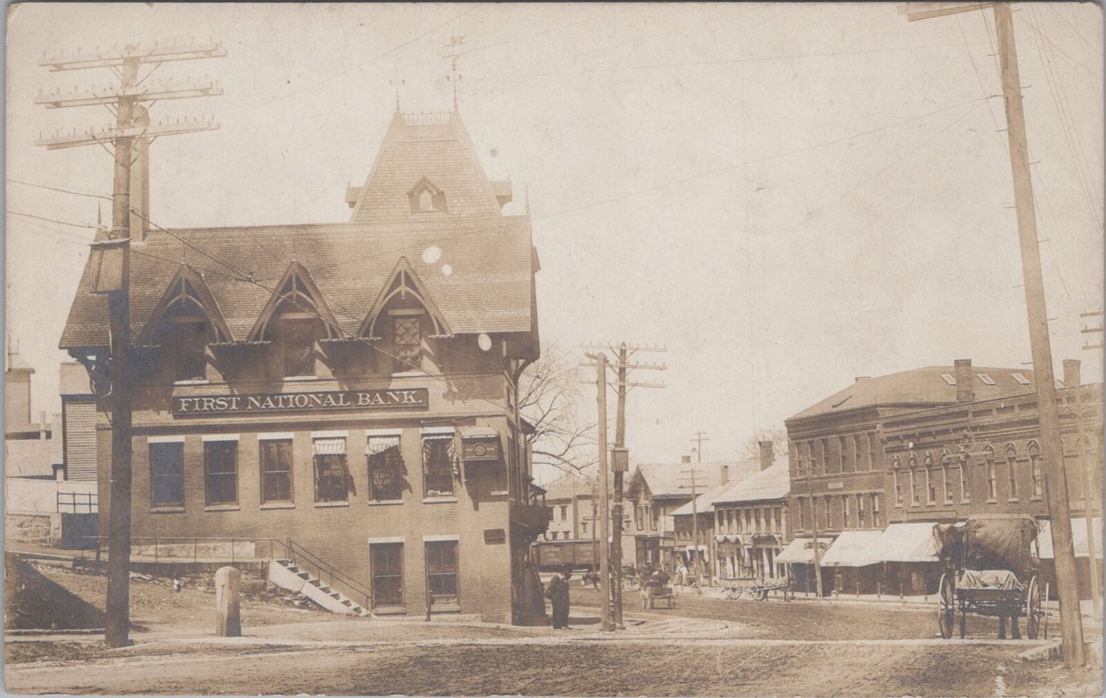 Street View First National Bank Somersworth New Hampshire RPPC c1900s Postcard