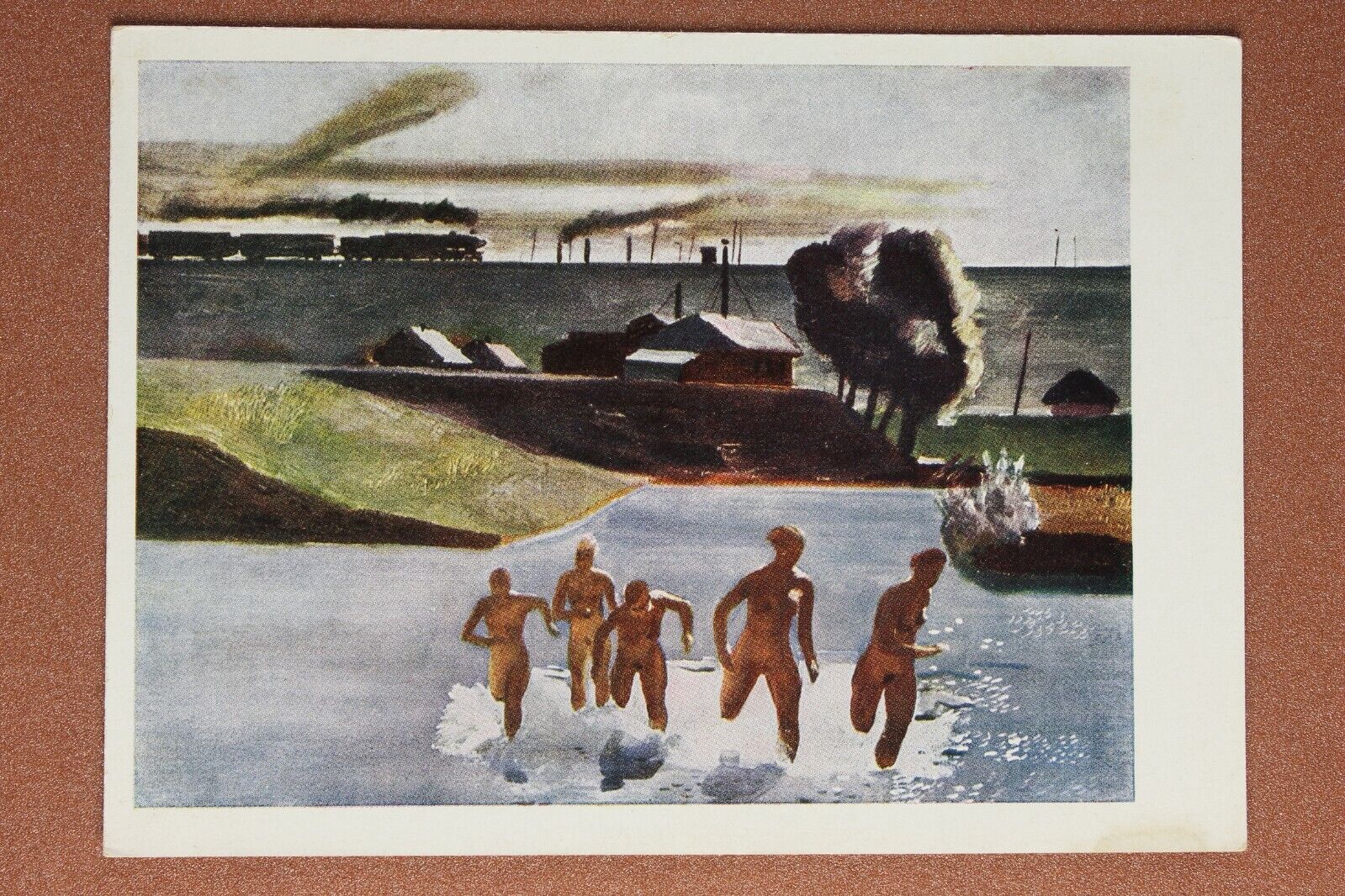 Social Realism. Midday. Nude women bathing river. Railway. Russian postcard 1966