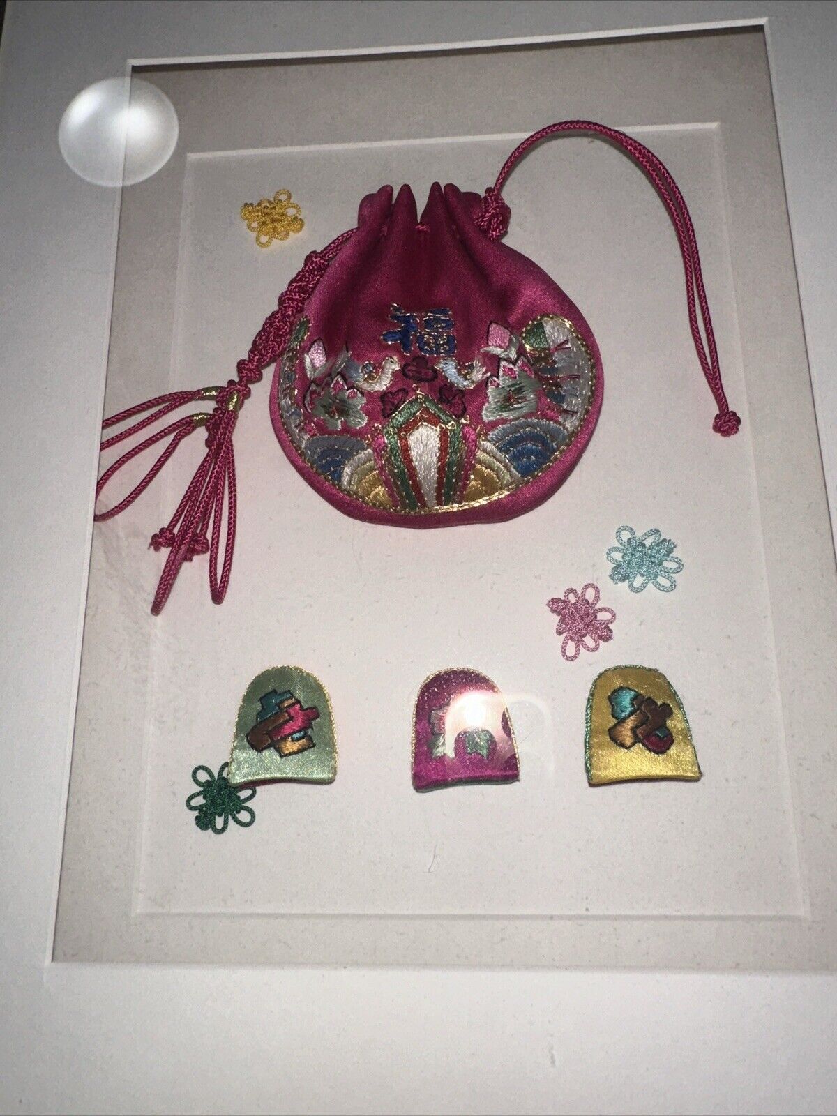 Oriental Framed Lucky Bag And Three Thimbles Colorful Display Of Timeless Beauty