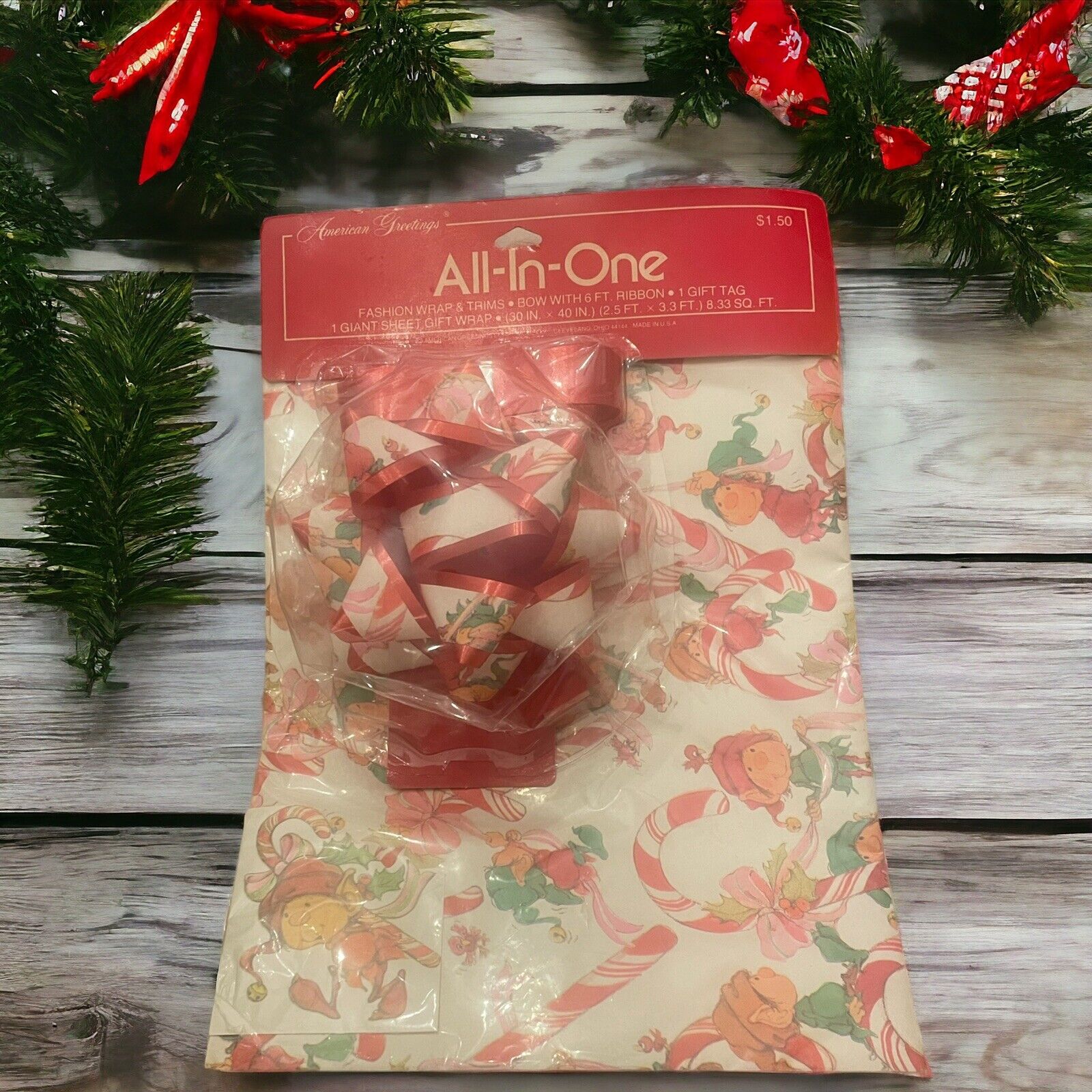 Vintage American Greetings All-In-One Christmas Elves Wrap & Bow 1980 Made in US