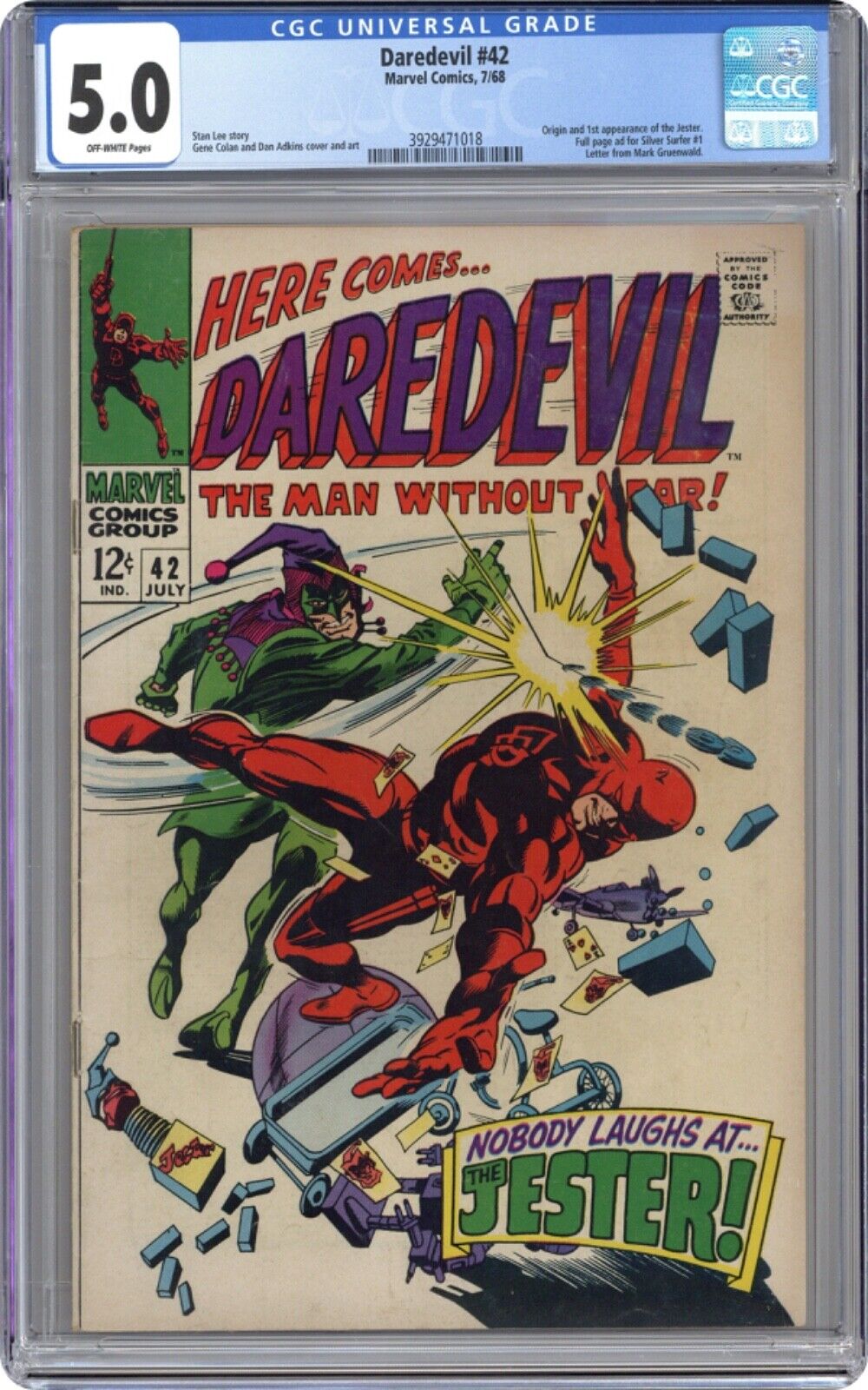 DAREDEVIL #42 CGC 5.0🥇1st APPEARANCE OF THE JESTER /JONATHAN POWERS🥇SILVER AGE