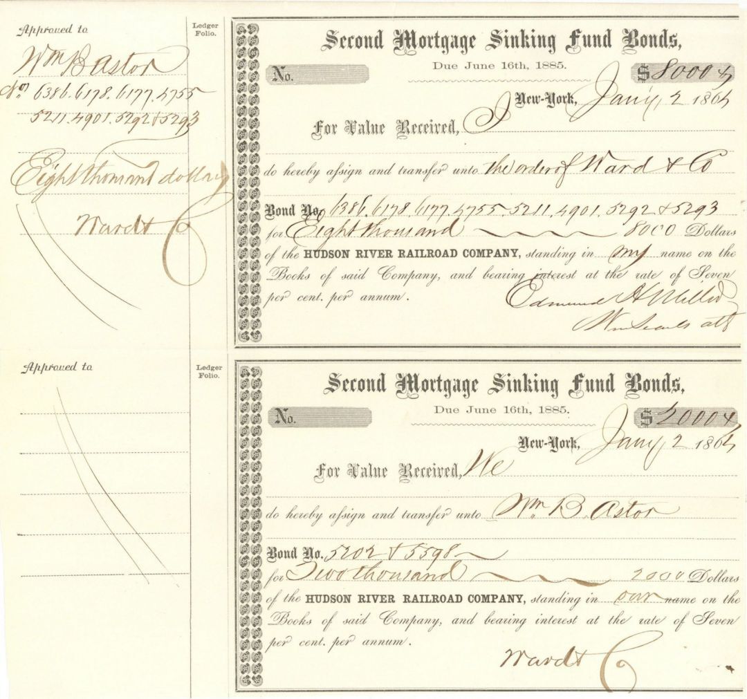 Pair of Hudson River Railroad Co. Transfers to Wm. B. Astor - Bond Transfer - Au