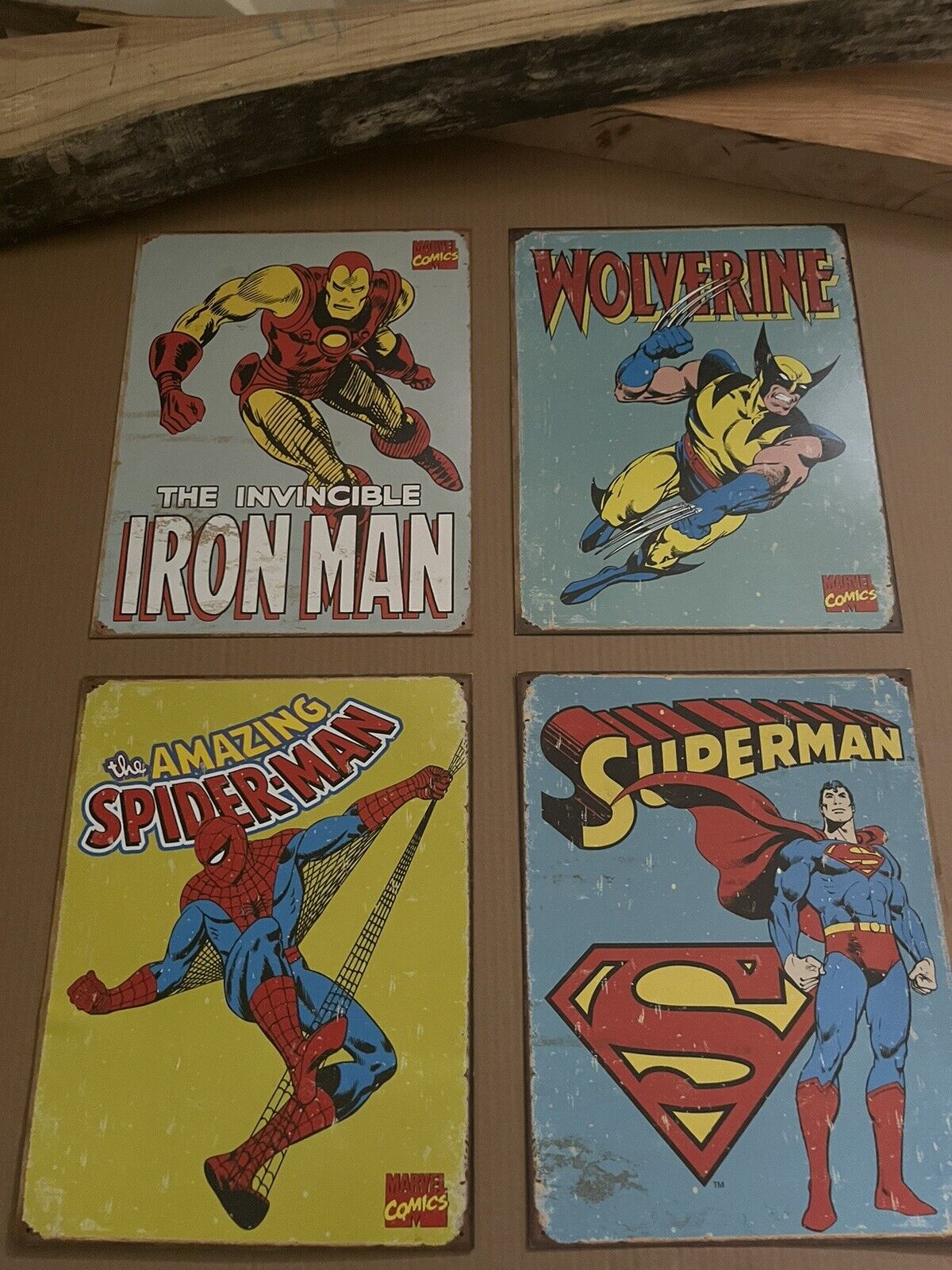 4 Vintage Retro DC Comics Superman, Ironman, Wolverine, Spiderman Metal Posters