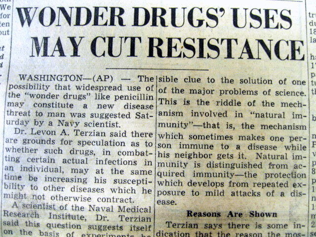 1950 newspaper Early warning byA DOCTOR of BACTERIA RESISTANCE to ANTIBIOTIC USE