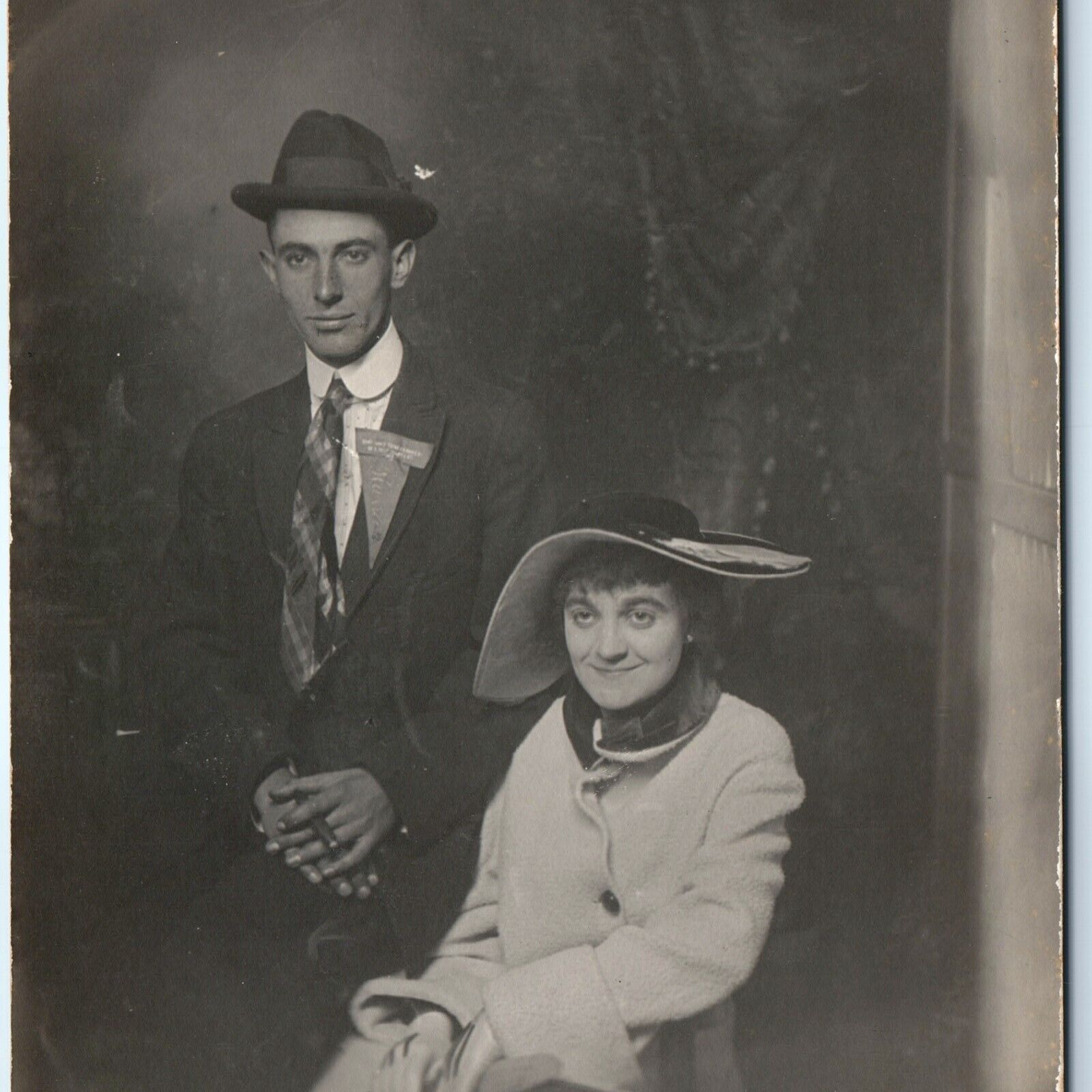 c1910s Gentleman & Ugly Woman RPPC Man Cigar Odd Real Photo PC Hat Ribbon A171
