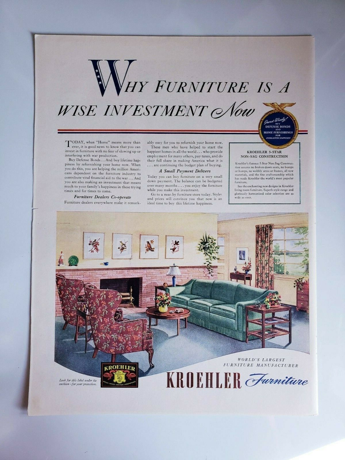 Vintage 1942 Kroehler Furniture Print Ad Ephemera Art Decor 