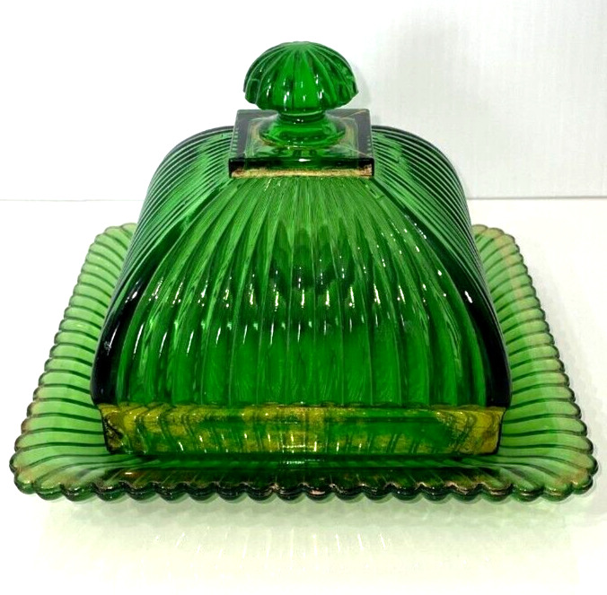 Antique US Glass Butter Dish & Lid c1899 EAPG New York Green Rib Gold Accent JCS