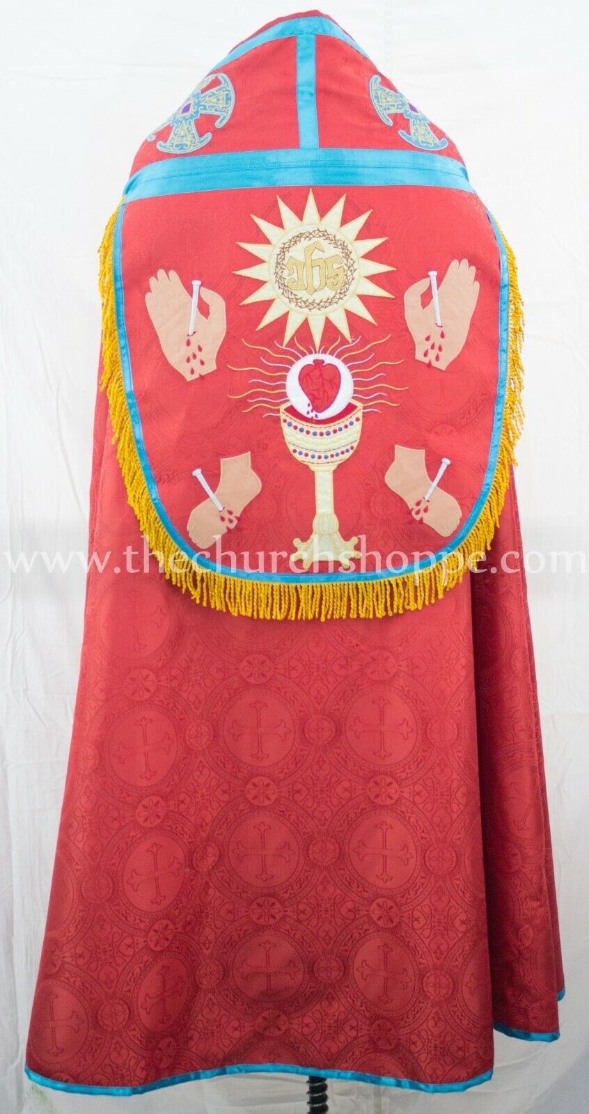 Red Cope & Stole Set with FIVE WOUNDS OF CHRIST embroidery,capa pluvial,chape