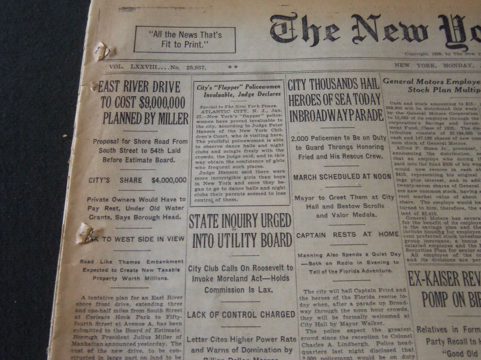 1929 JANUARY 28 NEW YORK TIMES - EAST RIVER DRIVE TO COST $9,000,000 - NT 6639