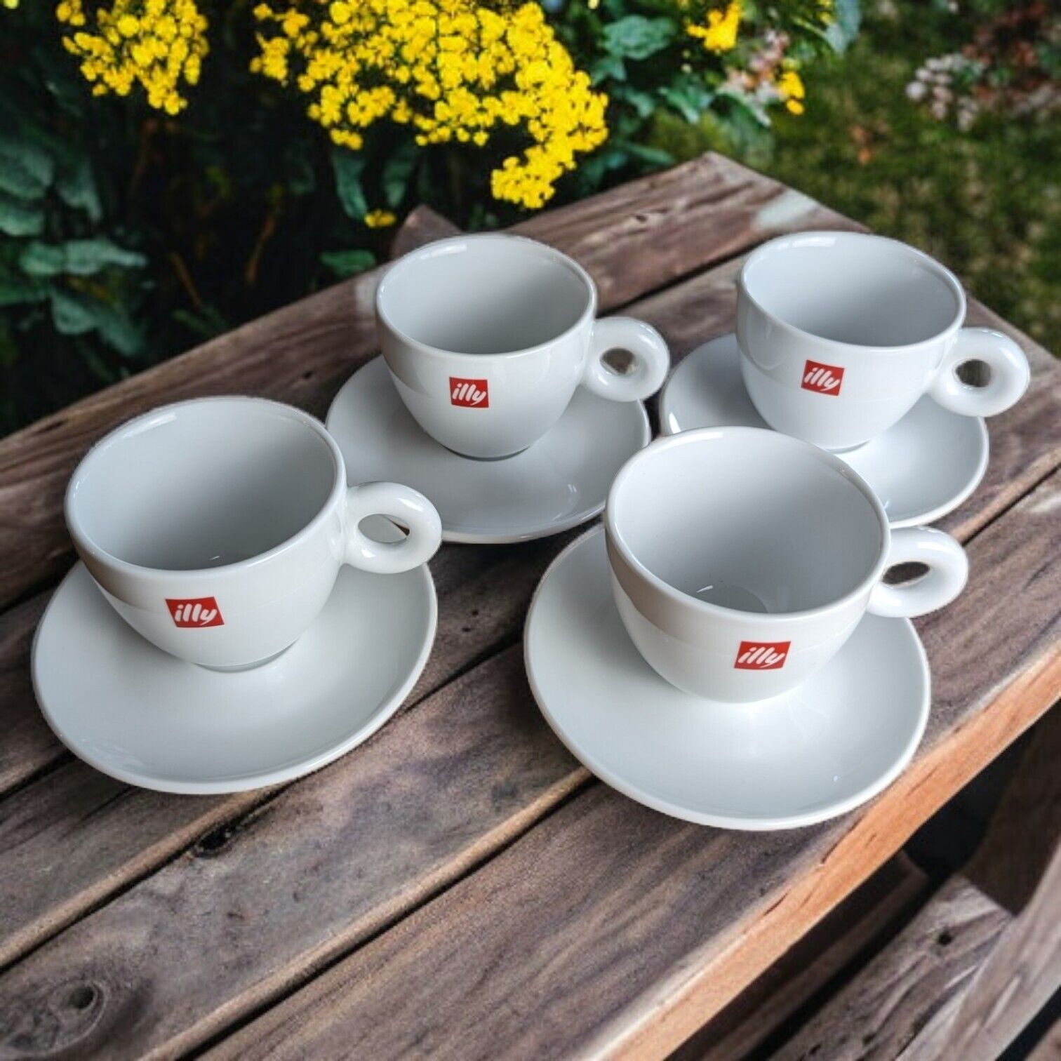 4 ILLY White Red Logo Espresso Cups & Saucers, O Handle, Portugal, 8 Pcs
