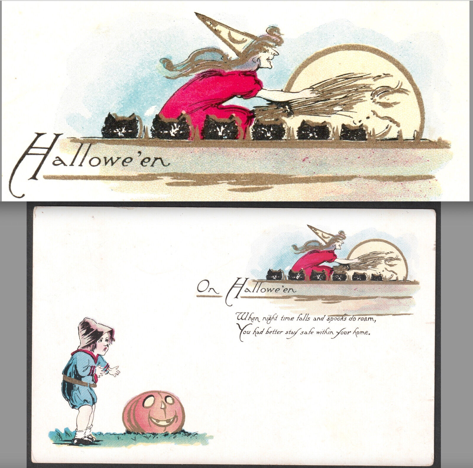 On Halloween Witch 1915 Fairman Pink of Perfection FA9 Boy JOL 6x Cats PostCard