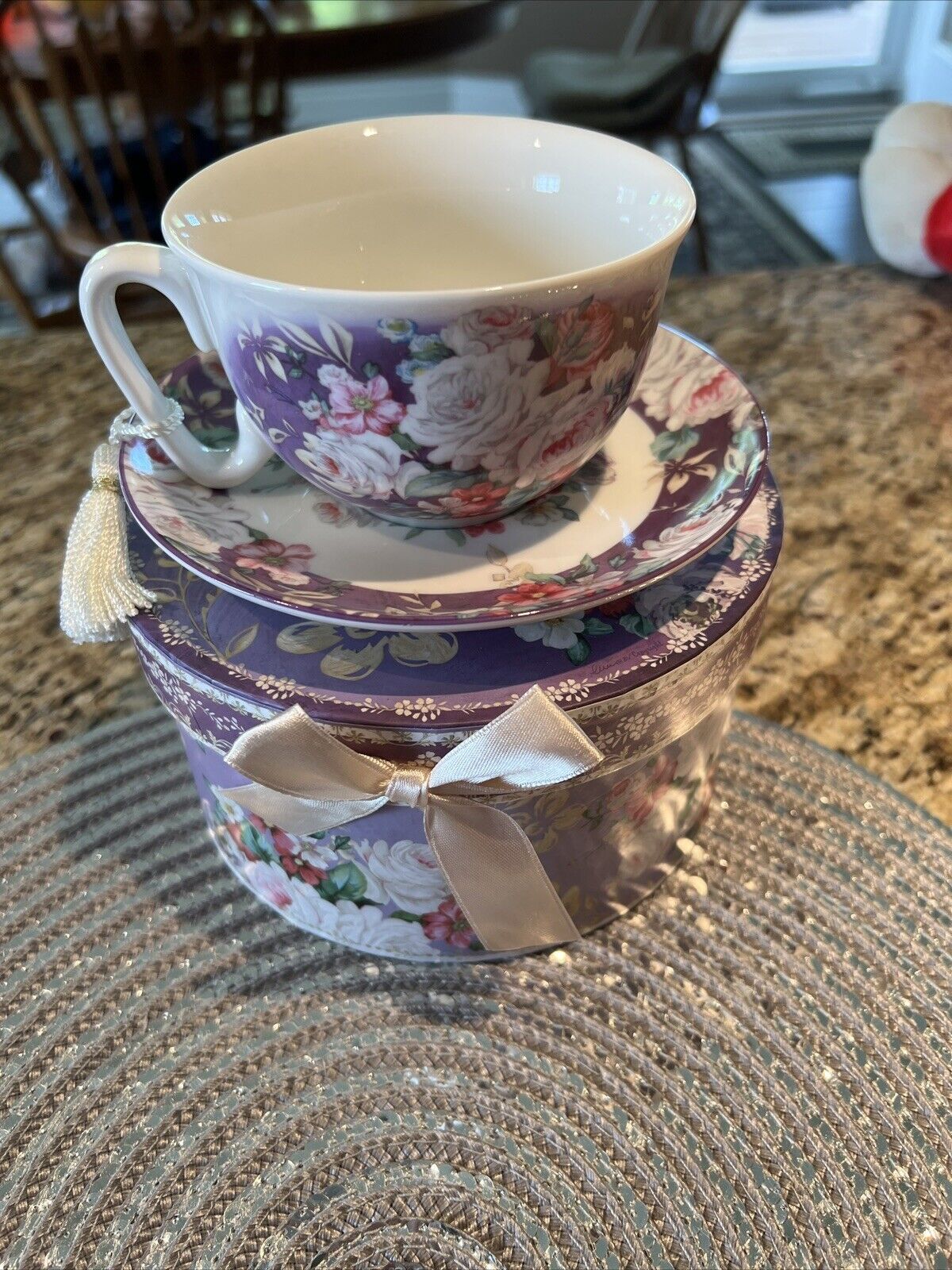 Peonie  Floral Design Tea Cup Saucer Summer River Porcelain Hat Box Gift Tassel