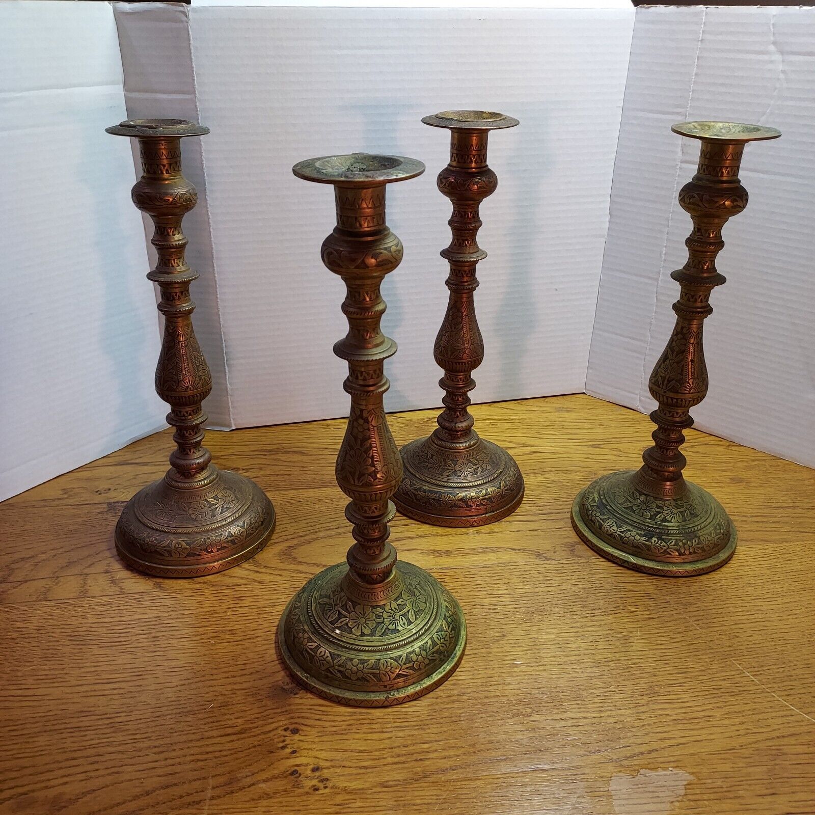 4 Vintage Bronze Candle Holders Used - Lovely Patina, 12 Inch Tall