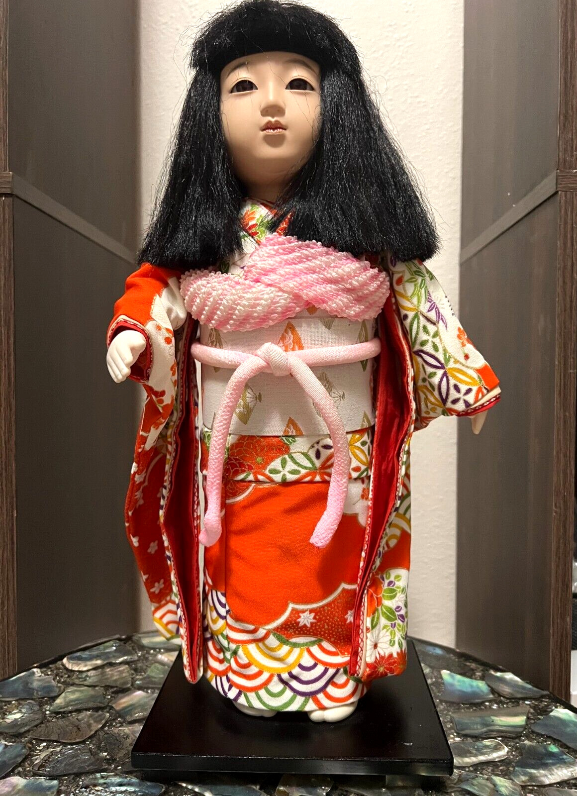Japanese Ichimatsu Ningyo Doll Standing 17” Beautiful  Detailed Kimono Vintage