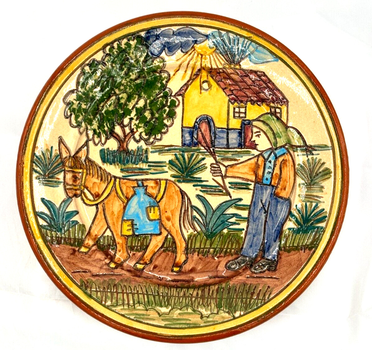 Redondo Pottery Decorative Plate Vintage 1970s Farmer & Donkey Signed Jeremias