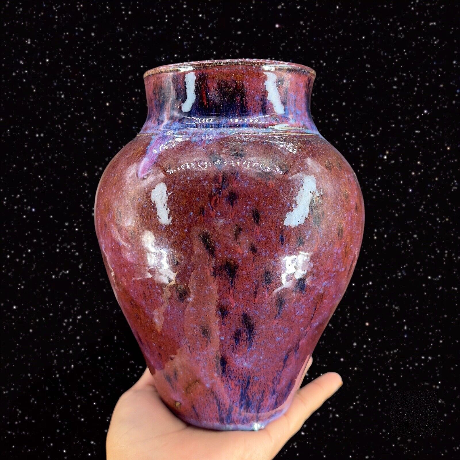 Studio Art Pottery Vase Drip Glaze Purple Red With Black Dots Hand Made Vase VTG