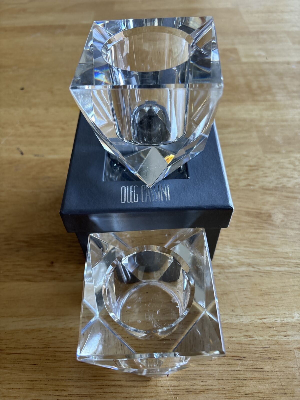 2-OLEG CASSINI  CRYSTAL VOTIVE HOLDER CLEAR 1-W/BOX- BOTH SIGNED. Sold As Pair.