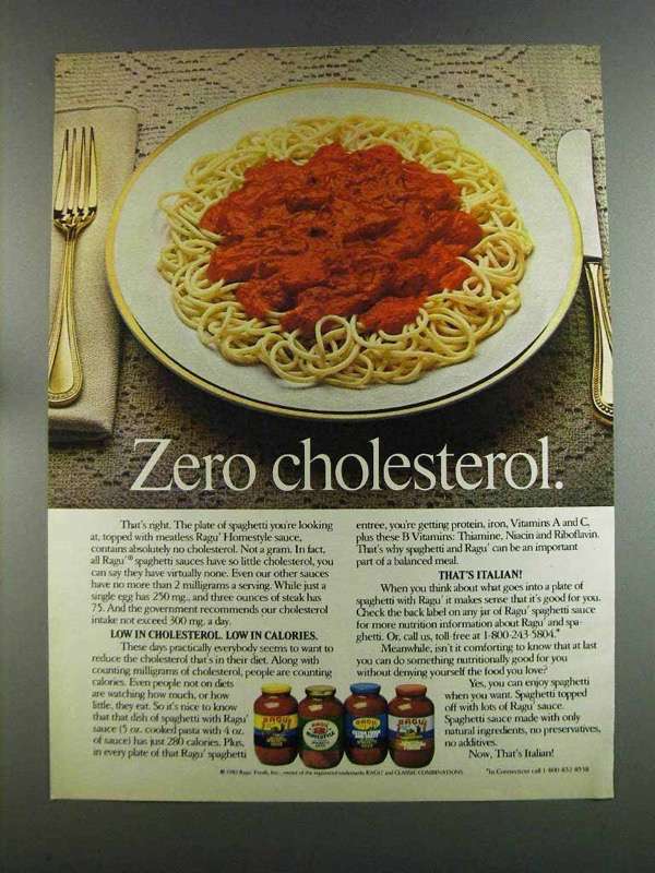 1982 Ragu Homestyle Sauce Ad - Zero Cholesterol